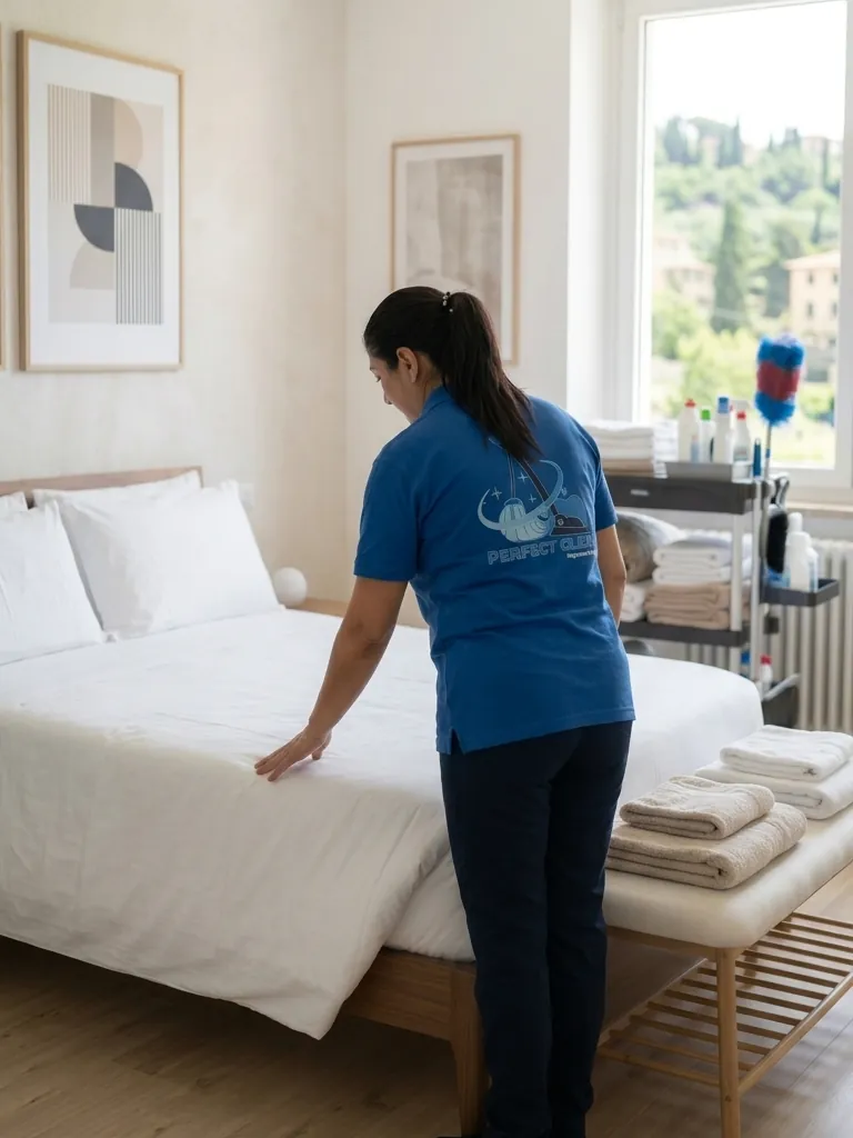 Operatrice PerfectClean durante il riassetto di un alloggio Airbnb in provincia di Brescia