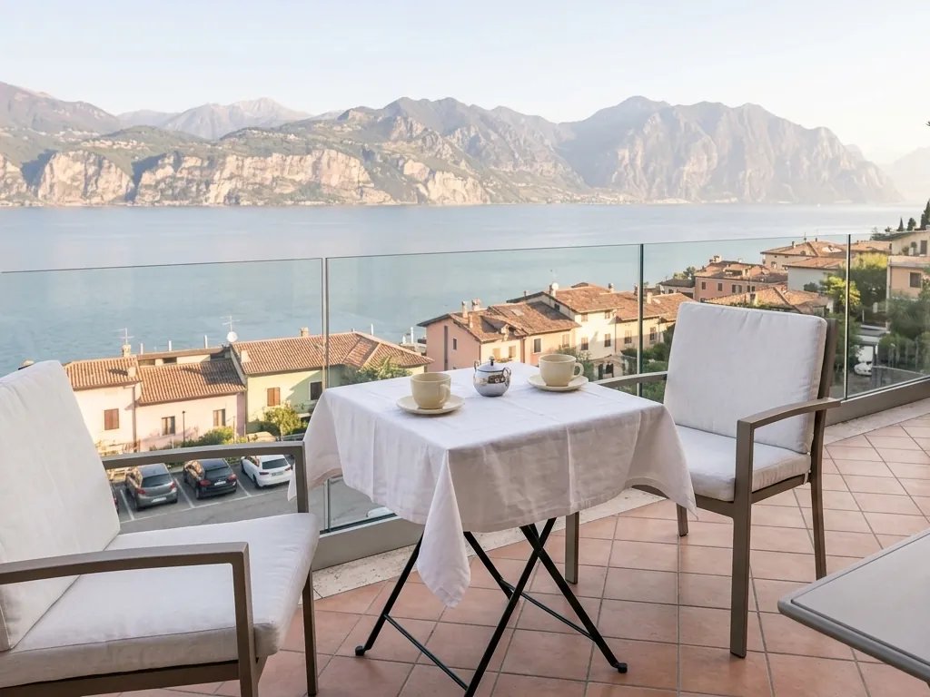 Terrazza di un appartamento in affitto breve con vista sul Lago di Garda, pulizie e biancheria PerfectClean