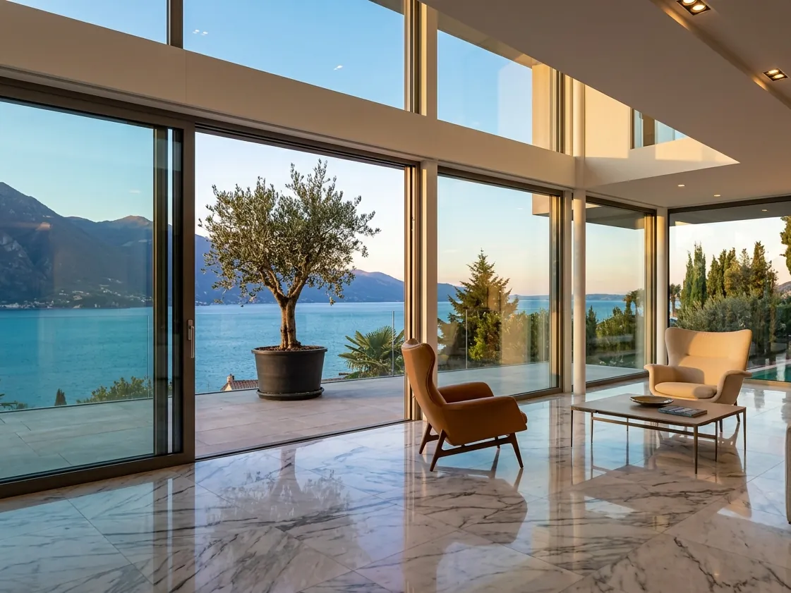 Vetrate panoramiche di una villa di lusso a Gardone Riviera pulite da PerfectClean