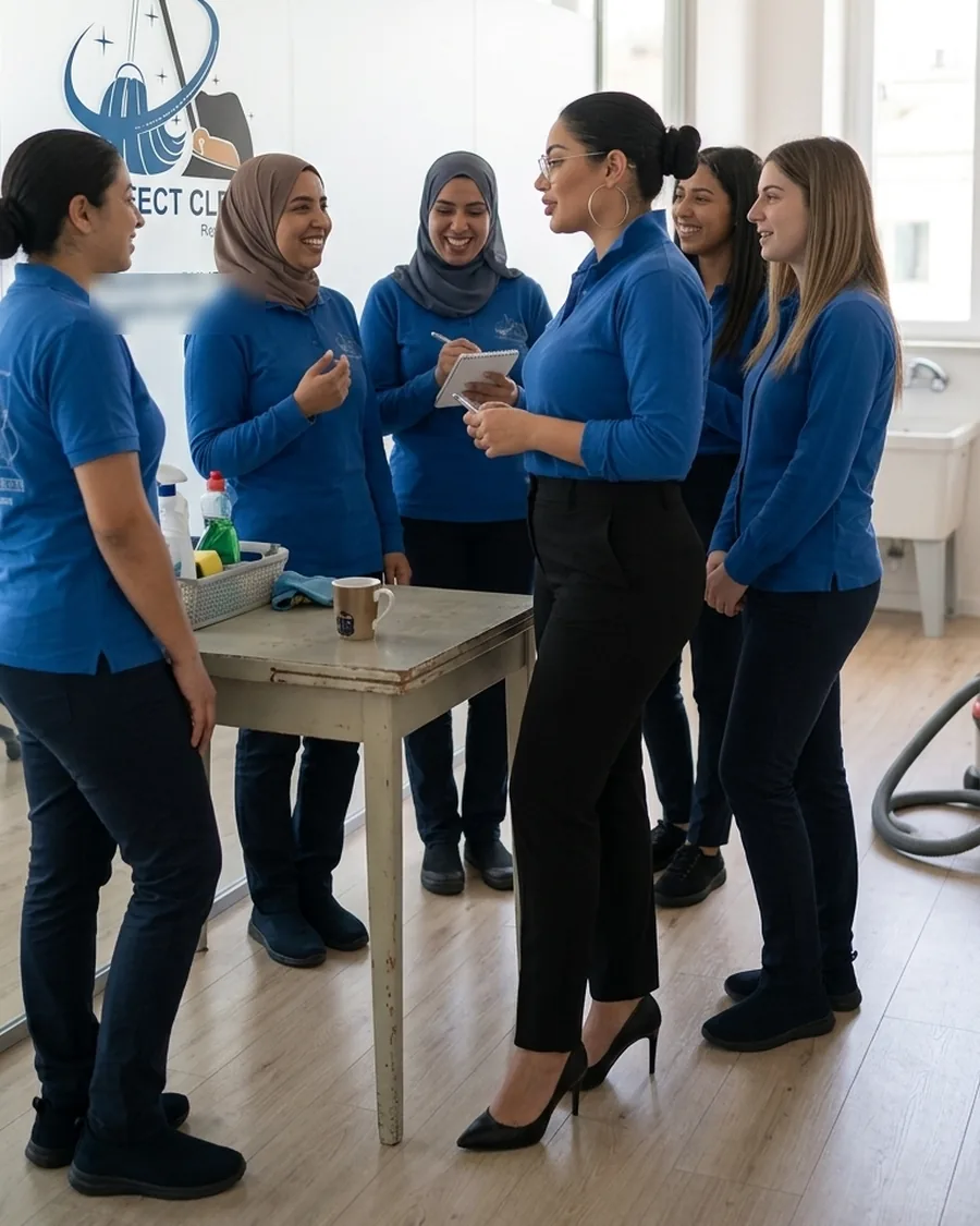 Il team di 12 persone di PerfectClean in divisa durante il briefing, impresa di pulizie a Brescia